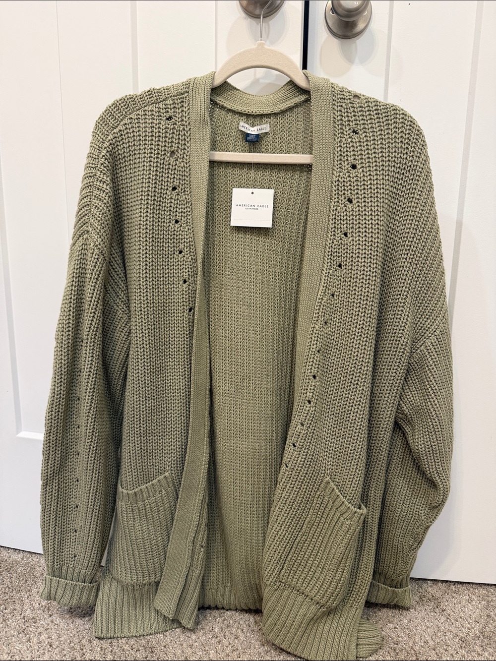 American Eagle Outfitters Olive Green Open-Front Chunky Cardigan